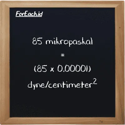 Cara konversi mikropaskal ke dyne/centimeter<sup>2</sup> (µPa ke dyn/cm<sup>2</sup>): 85 mikropaskal (µPa) setara dengan 85 dikalikan dengan 0.00001 dyne/centimeter<sup>2</sup> (dyn/cm<sup>2</sup>)